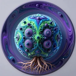 close up circular border with abstract symmetrical designs deep colorful sphere, blue green purple, concept art, depth of field, roots, nature, fluid simulation in houdini, subsurface scattering, volumetric, very detailed, trending on artstation, rendered in octane, cgsociety