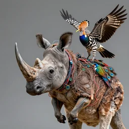 a high resolution realistic close up photo portrait of a rhino birdlike creature made of birds computer merged kangaroo, ork electronic wires bower bird creature wrinkles pheasant, complex feathers exotic morphing hoopoe, zebra morphing wings king vulture head