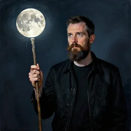 Radiohead, holding the moon upon a stick, with a beard and a black jacket, a portrait by John E. Berninger, dribble, neo-expressionism, uhd image, studio portrait, 1990s