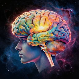 portrait of a brain in a nebula, colorful, modern art deco, mads berg, karolis strautniekas, stippled light, fine texture, editorial illustration, dramatic lighting, dynamic composition, detailed, matte print, dynamic perspective
