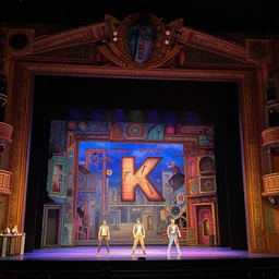photo of a huge theaterstage, play is die hard, 3 actors on stage, 8 k, multicolored, exaggerated detailed, long shot