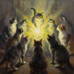 cats conducting a fascist uprising in london, volumetric light, glare, oil in canvas