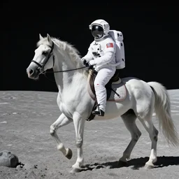 astronaut riding a white arabian horse on the surface of the moon