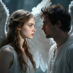 face to face to an angel, portrait of a beautiful woman and man looking to each other, high detail, partially in shadow, sci - fi vibe, face, by gaston bussiere, bayard wu, greg rutkowski, auguste bourotte, bastien deharme, masterpiece, sharp focus, cinematic lightning