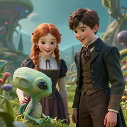 a girl and a boy standing next to some alien plants, looking happy, wearing victorian clothes, they are playing with their small pet alien creature, in a park on a alien planet, extremely high details, ultra realistic facial details, in focus faces, ultra photorealistic raytracing, trending on artstation, 8k