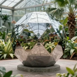 high quality dslr photograph of a highly reflective chrome octahedron in a tropical greenhouse. super resolution. Extremely detailed