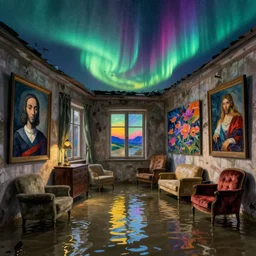 interior of a flooded old house with furniture. aurora borealis. iridescent, psychedelic colors. painting by hammershoi, max ernst, rene magritte, titian, agnes pelton, monet, hockney