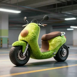a motorbike in the shape an avocado!, vehicle concept photo!!, 8k!!,amazing quality!!! Unreal engine 5!!! Studio lighting!!! Cinema 4D!! Parking garage lighting! Real life picture!! Creativity!!!!