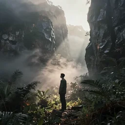 photorealistic matte painting of me burns standing far in misty overgrowth undergrowth jagged rock features volumetric fog light rays high contrast dawn