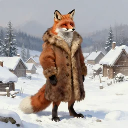 an anthropomorphic fox man wearing a long fur coat in a snowy village, character illustration by greg rutkowski, thomas kinkade, Franz Xaver Winterhalter, William-Adolphe Bouguereau