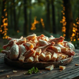 5 5 mm photo of a pile of freshly cut chicken on a wooden table in a magical forest. dof. bokeh. magical atmosphere. art by greg rutkowski. highly detailed 8 k. intricate. lifelike. soft light. nikon d 8 5 0.
