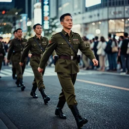 lomography, full body portrait photo of reol wearing a retro military uniform marching down the street in shibuya exterior at night, moody, realistic, dark, skin tinted a warm tone, light blue filter, hdr, rounded eyes, detailed facial features, very dark, dynamic pose, dynamic perspective