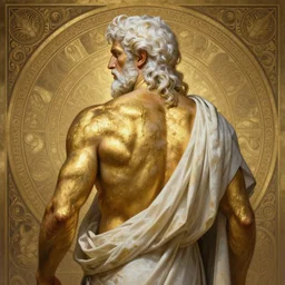 painted back portrait of rugged zeus greek god by greg rutkowski craig mullins artgerm alphonse mucha, messy streaks gold body paint, white hair handsome muscular upper body mature flowing robe [ ancient greek motifs background ] background fantasy intricate elegant detailed digital painting concept art artstation sharp focus illustration