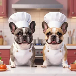a 8k highly detailed still photo by Anne Geddes of Two multi-colored French Bulldogs in chef hats and aprons starring on a cooking show
