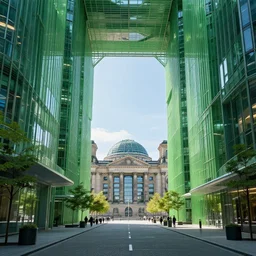 futuristic berlin with green giant alley to reichstag building in the distance, panorama view, hyperdetailed, artstation, cgsociety, 8 k