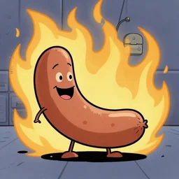 a happy sausage in a burning room in the style of Dilbert