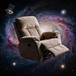 recliner chair floating in space, space galaxy background, dramatic lighting, nebula, james webb telescope images