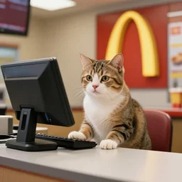 high definition snapshot from a movie a cute cat working behind the cash register at mcdonald's. 2 4 mm, photorealistic, photography, professional photography, directed by wes anderson