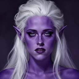 head-on centered symmetrical painted portrait, violet skin! violet skin!!!!!!!!!!!!!!!!!! Kristen Stewart as a D&D wizard. dark-purple skin!!!!!!!! violet-skinned!!! violet-skinned!!!!!!! white hair!!! elf ears, fantasy, highly detailed, digital painting, smooth, sharp focus, illustration, dramatic lighting, artstation, in the style of Artgerm and Anna Podedworna and Alex Ross