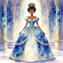 black - skinned princess in a labradorite palace, wearing an elegant dress with vaporwave elements. this watercolor painting by the award - winning mangaka has an interesting color scheme and impeccable lighting.