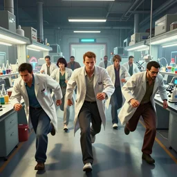 highly detailed photo of reasearchers running away from a lab experiment gone wrong in a lab corriodor, in gta v, stephen bliss, unreal engine, fantasy art by greg rutkowski, loish, rhads, ferdinand knab, makoto shinkai and lois van baarle, ilya kuvshinov, rossdraws, tom bagshaw, global illumination, radiant light,