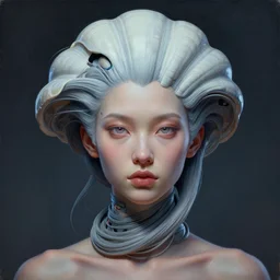 a detailed portrait beauty girl cyber shell shaped hairstyle wrapping around neck, wide painting by greg rutkowski and hr giger, zbrush, trending on artstation : 1 h 1 0 2 4