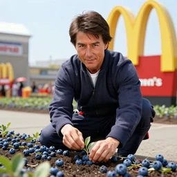 tom cruise dressed as a samurai planting blueberries in a mcdonalds's, digital art