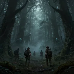fantasy haunted dark forest, foggy, detailed, digital art, a dark forest with adventurers surrounded by evil spirits that lurk in the shadows, by Anato Finnstark, artstation