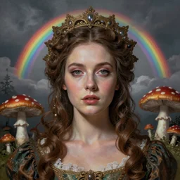 By Tom Bagshaw, photorealistic soft paint of a beautiful female face in full long dress, in a curiosities carnival with mushrooms, symmetry accurate features, very intricate details, focus, ominous sky, rainbow lighting, volumetric clouds, god rays