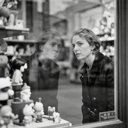 black and white photography of vivian maier's reflexion in the front glass of a toys shop, by vivan maier