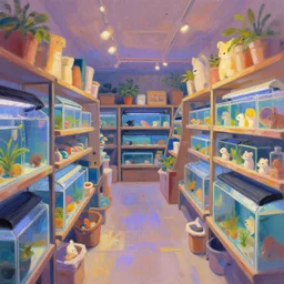 clean impasto bright cheery placid pastel deep cozy moody cluttered painterly fluffy tiny cramped live pet store, aisles of aquariums, slanted ceiling, tiny space, particulate, trending on pixiv