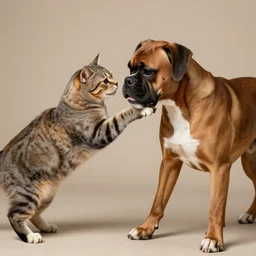 cat boxer fighting dog boxer, photorealistic