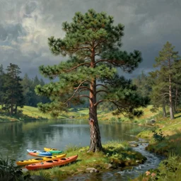 beautiful pine tree landscape, a lake with detailed kayaks and a stream, trees in the grassy hills, dramatic lighting, cinematic, establishing shot, extremly high detail, by monet, concept art, artstation, matte painting