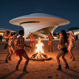portrait of ravers in friendly costumes with detailed faces, dancing around a fire, photorealistic, octane render, dancefloor kismet, diverse costumes, clean composition, desert transition area, bonfire, night, australian desert, zaha hadid, xf iq 4, symmetry, sony a 7 r, 1 5 0 mp, 5 0 mm