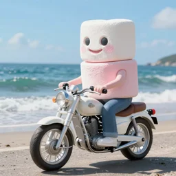 a marshmallow riding a motorcycle in the ocean