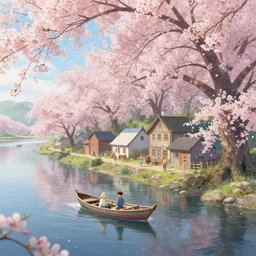 a small fishing village on the river | cherry - blossoms | highly detailed | very intricate | serene romantic fantasy whimsical magical | soft bright natural morning light | pixar | award - winning | matte painting by anton fadeev and paul lehr and rhads and alena aenami | pastel color palette | featured on artstation