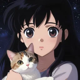 A fantastic cosmic entity with big and cute eyes, holding a cat || VERY ANIME, fine-face, realistic shaded perfect face, fine details. Anime. realistic shaded lighting poster by Ilya Kuvshinov katsuhiro otomo ghost-in-the-shell, magali villeneuve, artgerm, Jeremy Lipkin and Michael Garmash, Rob Rey and Kentarõ Miura style, trending on art station