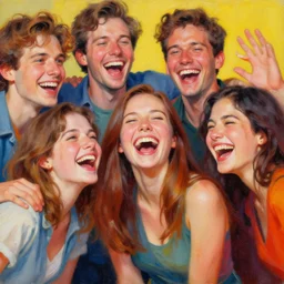 amazing beautiful and very detailed painting of a group of friends laughing together. the colors are very vibrant and the people in the photo look very happy. vibrant colors, very funny, personal, positive, visually pleasing, engaging and contains humans. high resolution. high quality. hq hd. trending on artstation.