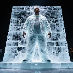 dramatic photo, the rapper'ice cube'made out of ice, full body, wide angle photo, award winning