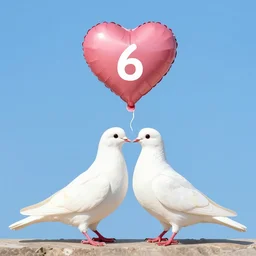 “2 doves kissing with a heart shaped balloon above saying 6”