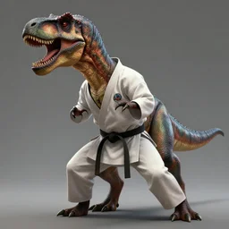 t - rex in a karate suit, practicing martial arts, diffuse lighting, fantasy, highly detailed, photorealistic, digital painting, artstation, illustration, concept art, smooth, sharp focus, in the style of tom bagshaw