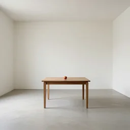 A 10ft by 10ft room empty except for a table in the middle of the room with an apple on the table, table is centered