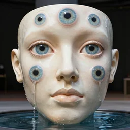 a long shot of a giant award winning sculpture of a human head made out of human eyes, in the style of chad knight, hyper detailed, hyper realistic, ray tracing, 8 k resolution, sharp focus, realistic water