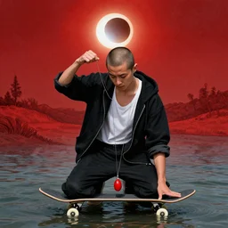 skateboarder with a buzzed haircut and partially zipped up black hoodie jacket with rolled up sleeves and white undershirt kneeling in shallow water holding up a necklace with an egg shaped red ball at the end, in front of an eclipse, reddish detailed landscape painting