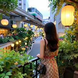 a vibrant dream of one beautiful girl wearing a gucci dress from behind on a balcony looking out over a fancy street in tokyo japan, lush plants, monorail, glowing paper lanterns, high fashion, magic details, by moebius, edward hopper, james gilleard, and james jean, hd, 8 k, trending on artstation, uhd,