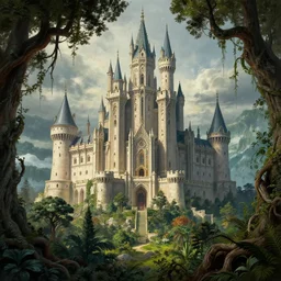gigantic castle, adorned pillars, towers, gnarly trees, lush vegetation, forrest, landscape, alex ross, neal Adams, david finch, concept art, matte painting, highly detailed, rule of thirds, dynamic lighting, cinematic, detailed, denoised, centerd