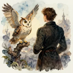 inventor who mimics owls,painted by John Giunta and John Avon,trending on artstation, rocky lighting rear view,creature concept art,watercolor painting,Howl’s Moving Castle ,Lovecraftian ,narrative realism ,