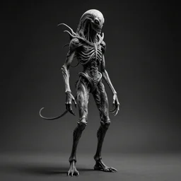 standing photorealistic detailed tall skinny humanoid creature, extremly detailed, black and white, 8 k, realistic, sharp focus, cosmic horror creature, cosmic horror