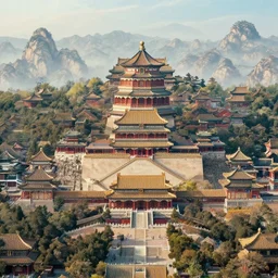 a majestic chinese palaces complex are scattered among the mountains, dreamy, fairy tale, expansive view, ultra wide angle, ultra - hd, super - resolution, massive scale, alphonse mucha, artgerm lau, greg rutkowski, trending on artstation.