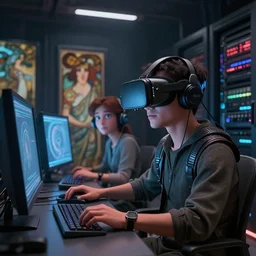 a beautiful movie still of a futuristic it worker in a vr headset jacked into retrofuturistic computer, pixar, hyper detailed, great faces, photography, by jamie hewlett and alphonse mucha and anato finnstark, all inside a server room with dim lighting, led lights, unreal engine